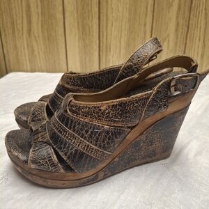 Bed Stu Gayle Slingback Wedge Platform Leather Heel Sandals Brown/Black Size 8